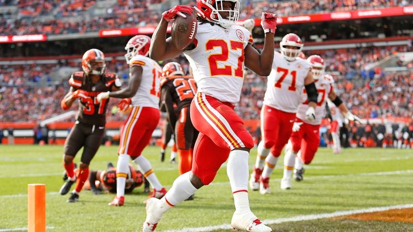 CLEVELAND, OH - NOVEMBER 04: Kareem Hunt #27 of the Kansas City Chiefs scores a touchdown during the third quarter against the Cleveland Browns at FirstEnergy Stadium on November 4, 2018 in Cleveland, Ohio. (Photo by Kirk Irwin/Getty Images)