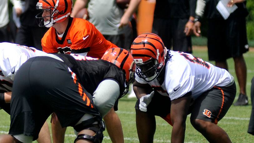Cincinnati Bengals offensive lineman Trey Hopkins is listed as the starter at right guard on the first depth chart. JAY MORRISON/STAFF