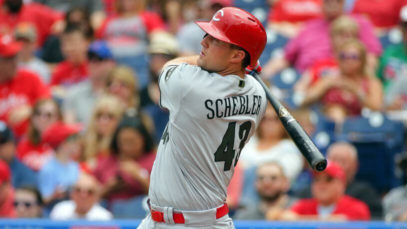PHILADELPHIA, PA - MAY 28: Scott Schebler #43 of the Cincinnati Reds hits a solo home run in the second inning during a game against the Philadelphia Phillies at Citizens Bank Park on May 28, 2017 in Philadelphia, Pennsylvania. (Photo by Hunter Martin/Getty Images)