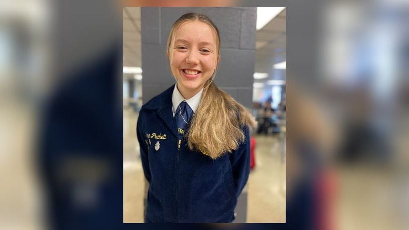 Talawanda High School sophomore Emma Puckett has had a busy semester taking part in statewide FFA judging contests, mostly as a member of a team. Her most recent effort, however, was an individual public speaking contest in which she took third place in the state of Ohio. CONTRIBUTED