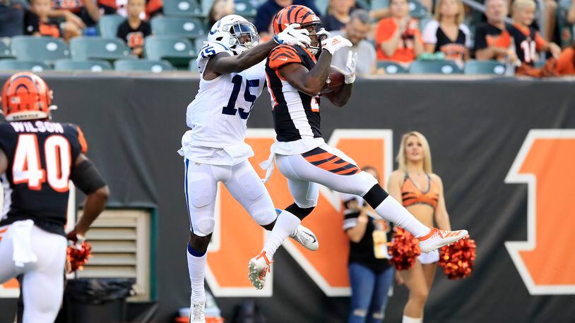 CINCINNATI, OHIO - AUGUST 29: Darius Phillips #23 of the Cincinnati Bengals intercepts the ball intended for Parris Campbell #15 of the Indianapolis Colts at Paul Brown Stadium on August 29, 2019 in Cincinnati, Ohio. (Photo by Andy Lyons/Getty Images)