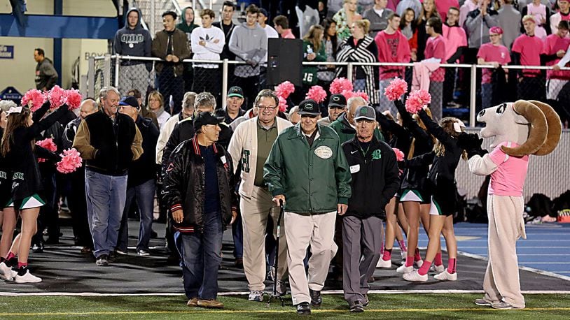 Members of the 1966 Badin High School football team, the only unbeaten and untied squad in school history, gathered for a 50-year reunion Saturday night at Virgil Schwarm Stadium in Hamilton. CONTRIBUTED PHOTO BY E.L. HUBBARD