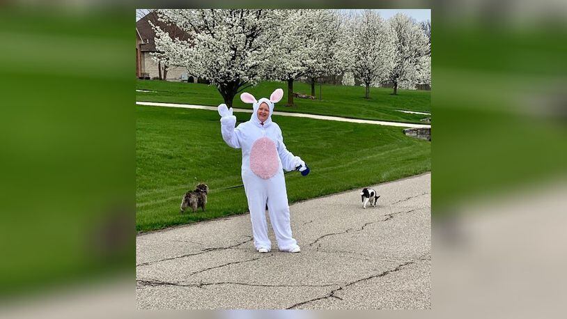 Kellee Thomas bought her fiance a bunny suit as a joke and when it was too small for him, she started wearing it around her neighborhood. She says wearing the suit has brought happiness to people. SUBMITTED PHOTO