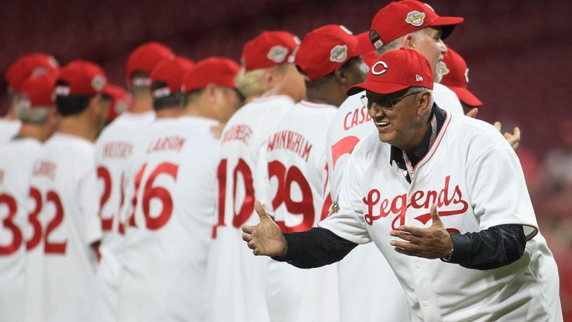 Dave Concepcion talks to members of the other team during pregame introductions before the Cincinnati Reds Legends Game on Friday, Aug. 27, 2021, at Great American Ball in Cincinnati. David Jablonski/Staff