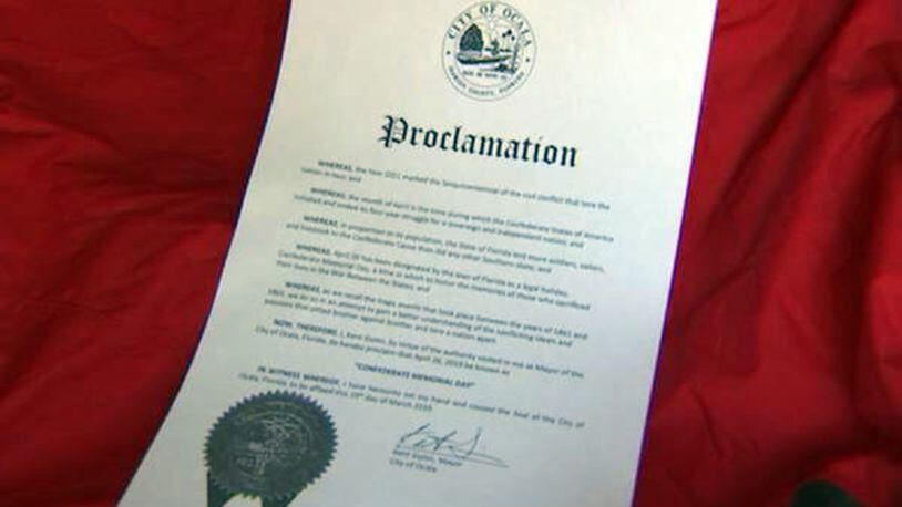 A photo of the Confederate Memorial Day proclamation the mayor of Ocala, Florida, Mayor Kent Guinn, announced during a  city council meeting Tuesday evening.