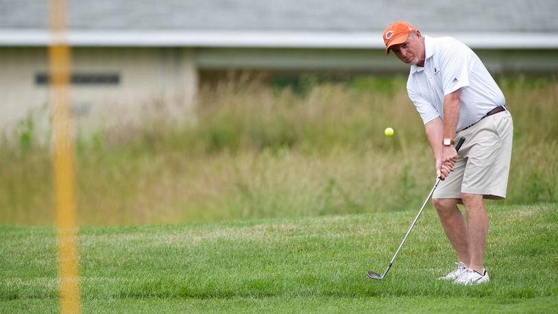 Roger Baker of Liberty Twp., hits a chip shot out of the rough on the edge of the green on the third hole on the Highlands Course during the final round of The Middletown City Golf Tournament at the Weatherwax Golf Course in Middletown, Ohio on Sunday, June 16. PHOTO CONTRIBUTED BY PAT STRANG