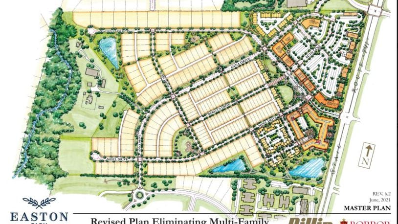 Developers of the proposed Easton Farm project have submitted a revised plan that eliminates multi-family housing from the project. Springboro officials received the plan earlier this week. The project's rezoning and revised preliminary plan will have a second reading by Springboro City Council at its next meeting. CONTRIBUTED/CITY OF SPRINGBORO