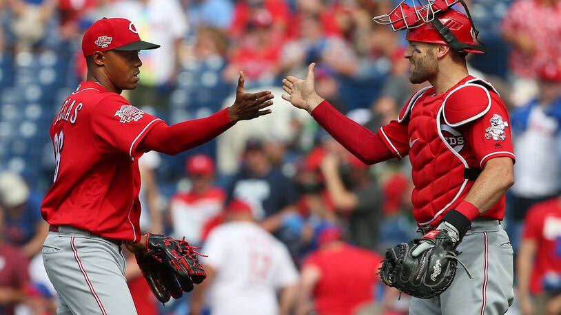 PHILADELPHIA, PA - JUNE 09: Closer Raisel Iglesias #26 and catcher Curt Casali #12 of the Cincinnati Reds celebrate after the final out against the Philadelphia Phillies at Citizens Bank Park on June 9, 2019 in Philadelphia, Pennsylvania. The Reds defeated the Phillies 4-3. (Photo by Rich Schultz/Getty Images)