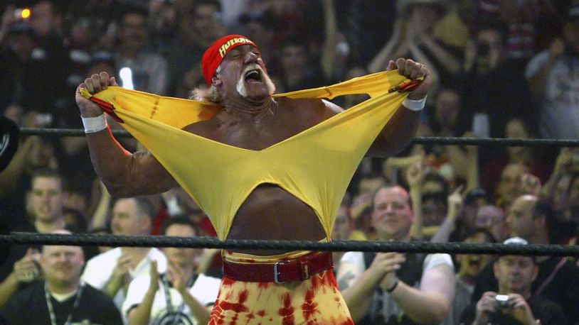FILE - Hulk Hogan fires up the crowd between matches during WrestleMania 21 in Los Angeles, April 3, 2005. As WrestleMania approaches 40, it’s never been bigger.(AP Photo/Chris Carlson, File)