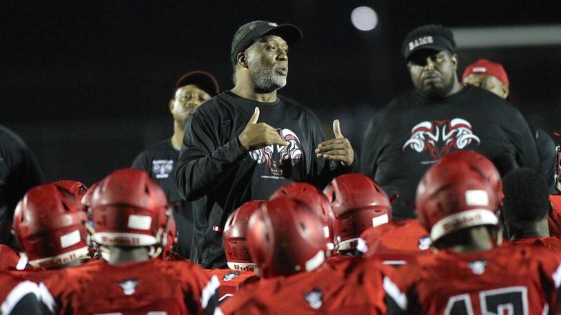 Trotwood-Madison’s Jeff Graham talks to the team after a loss to Pickerington Central on Friday, Sept. 7, 2018, in Trotwood. David Jablonski/Staff