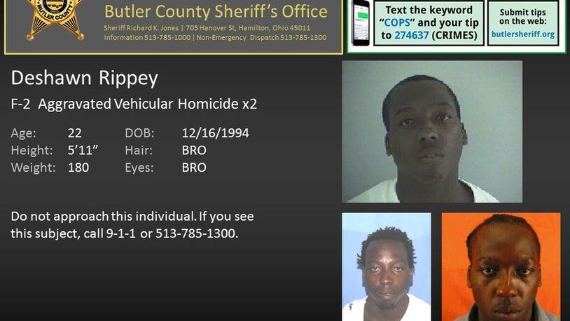 Deshawn Rippey, of Hamilton, is wanted for the Jan. 1 fatal crash that killed Mariama-Maria Richlen, 24, of West Chester Twp. He is charged with aggravated vehicular homicide. (BUTLER COUNTY SHERIFF’S OFFICE)