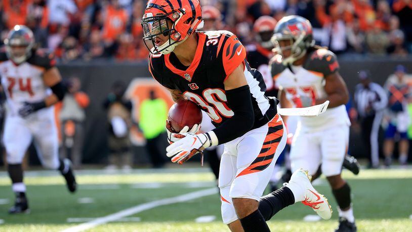 CINCINNATI, OH - OCTOBER 28:  Jessie Bates #30 of the Cincinnati Bengals returns an interception for a touchdown during the third quarter of the game against the Tampa Bay Buccaneers at Paul Brown Stadium on October 28, 2018 in Cincinnati, Ohio. (Photo by Andy Lyons/Getty Images)