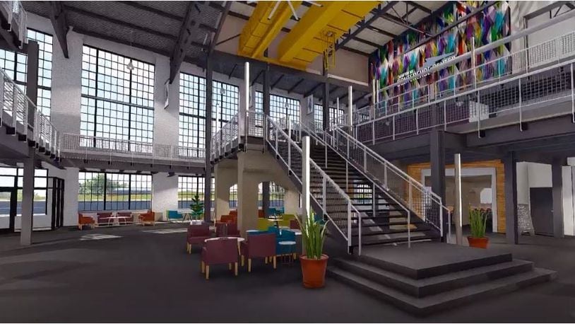 Here's what the grand staircase will look like at the convention center inside Spooky Nook Sports Champion Mill. Officials plan to paint the decades-old yellow crane on the ceiling of the former Champion Paper mill a brighter yellow so people notice it and recognize the building's origins. PROVIDED