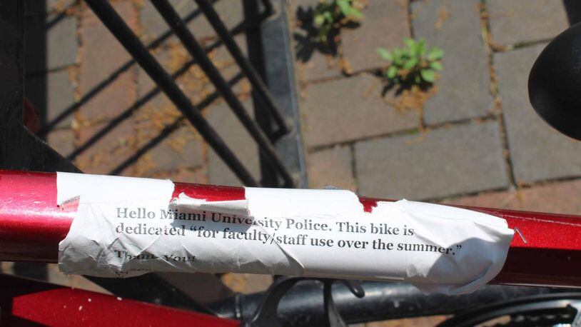 This bike was labeled against removal by Miami University Police. KALEY OLMSTED/OXFORD OBSERVER