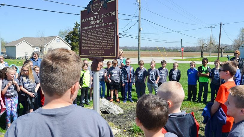 Internationally famous earthquake expert Charles Richter spent his youth in the tiny community of Overpeck near Butler County's city of Trenton. The inventor of the "Richter Scale" of measuring the power of earthquakes, Richter is honored each April - his birthday month - and local teachers use his work for classroom instruction. Pictured here are Edgewood School students in 2013 at an historical marker near the high school honoring him.
