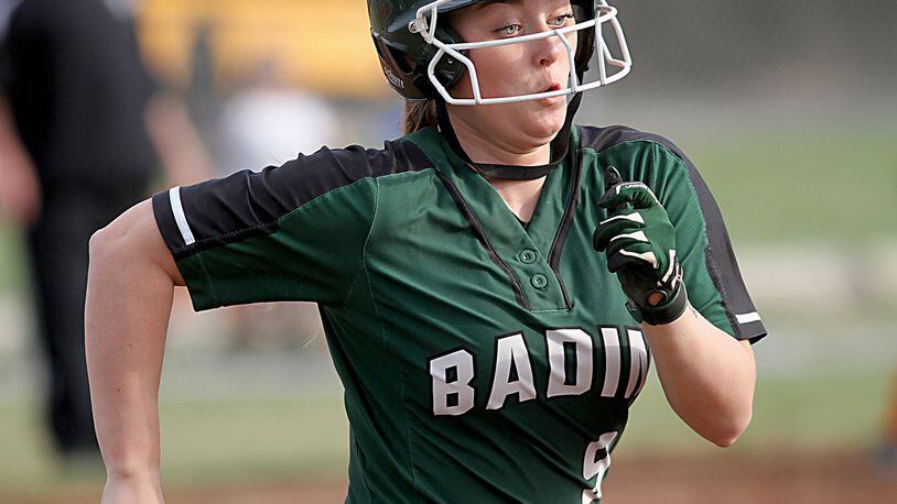 Badin’s Shelby Schmitt sprints toward first base during a March 27 game against visiting Wilmington at Carl Schatt Field at Mueller Stadium in Hamilton. CONTRIBUTED PHOTO BY E.L. HUBBARD