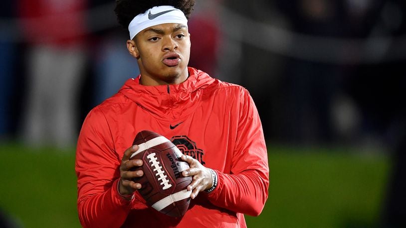 EVANSTON, ILLINOIS - OCTOBER 18: Justin Fields #1 of the Ohio State Buckeyes warms up before the game against the Northwestern Wildcats at Ryan Field on October 18, 2019 in Evanston, Illinois. (Photo by Quinn Harris/Getty Images)