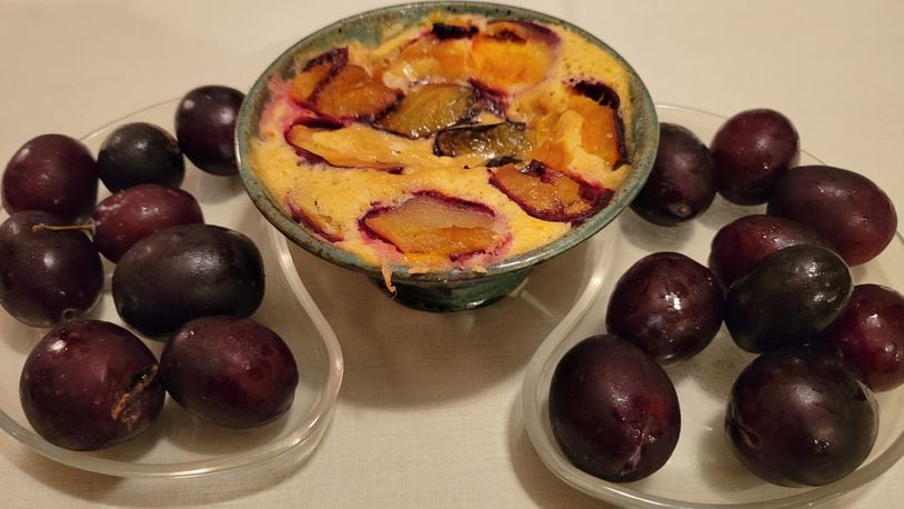 it is odd to see plums in October. Because of a late killer freeze, local plums (and peaches) were scarce back in July 2023. Local plums were used in the plum cake shown here, and individual one. CONTRIBUTED