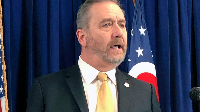 FILE - In this Feb. 20, 2020 file photo, Ohio Attorney General Dave Yost speaks in Columbus, Ohio. (AP Photo/Julie Carr Smyth, File)