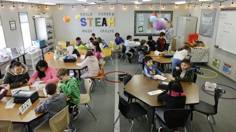 Lakota students are seen in a portable classroom building at Lakota's Cherokee Elementary School in Liberty Twp. in 2022. FILE PHOTO