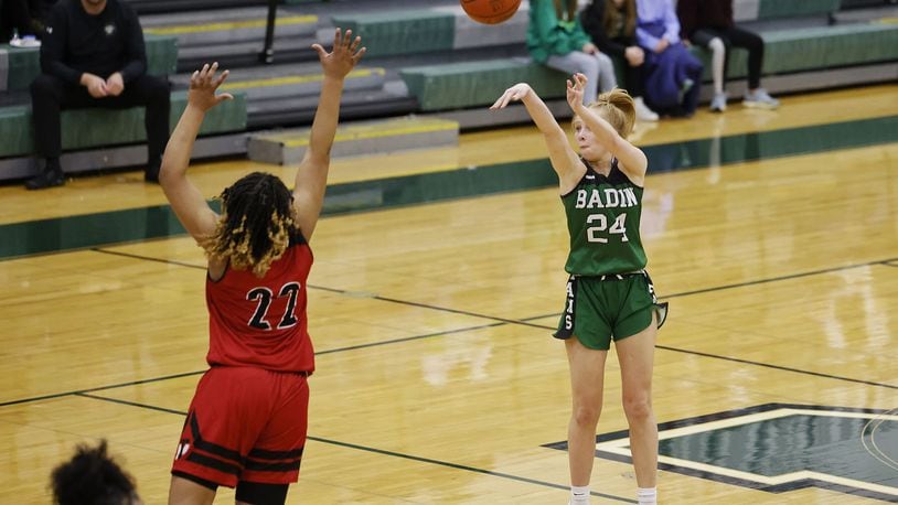 Badin's Morgan Dixon puts up a shot against Trotwood-Madison in a Division II district final basketball game Friday, Feb. 25, 2022 at Mason Middle School. NICK GRAHAM/STAFF