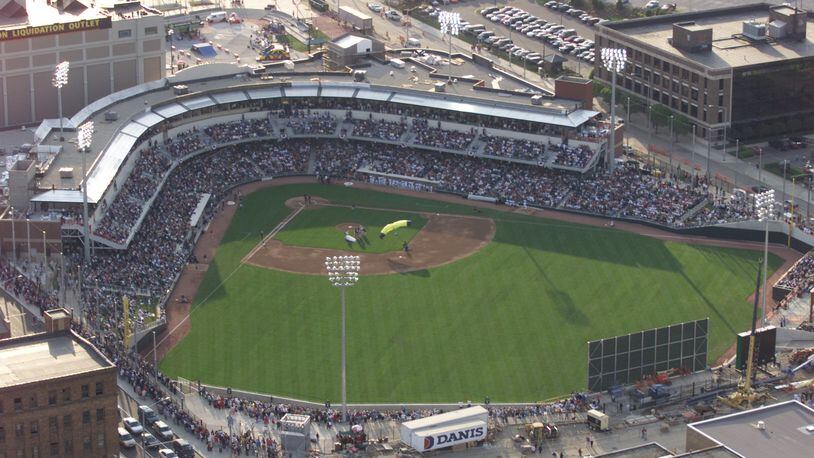 An aerial view of Fifth Third Field on the opening night for the Dayton Dragons in April 2000.