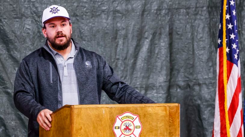 Kyle Schwarber, Middletown native and Major League Baseball player, speaks Wednesday morning to the crowd before the Middletown Firefighters Association made a donation of over $16,000 to Middie Way baseball, an organization focused on helping area youth learn the game of baseball. NICK GRAHAM / STAFF