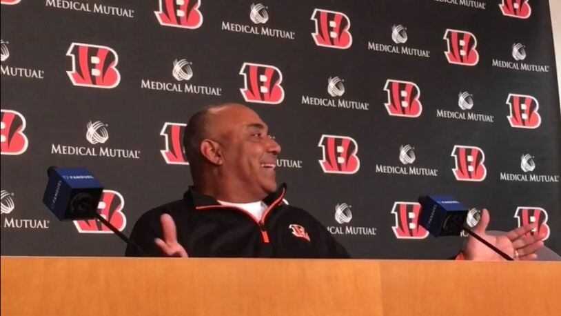 Bengals coach Marvin Lewis leans back in his chair Wednesday at interviews at Paul Brown Stadium.