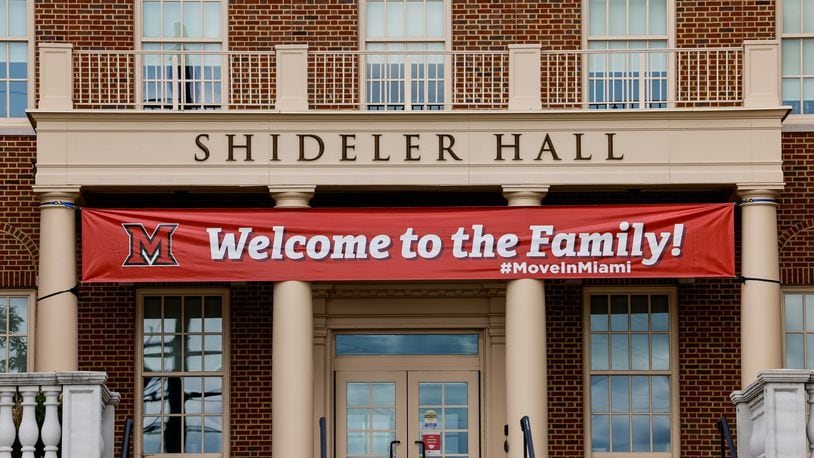 A banner on Shidler Hall welcomes new students at Miami University Tuesday, Aug. 18, 2021 in Oxford. NICK GRAHAM / STAFF