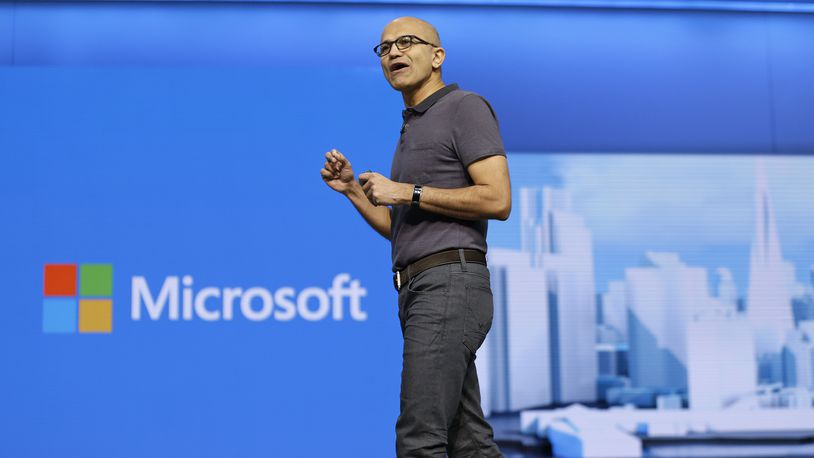 FILE - In this Wednesday, March 30, 2016, file photo, Microsoft CEO Satya Nadella delivers the keynote address at the Microsoft Build Conference, in San Francisco. On Thursday, Oct. 20, 2016, Microsoft reports financial results. (AP Photo/Eric Risberg, File)