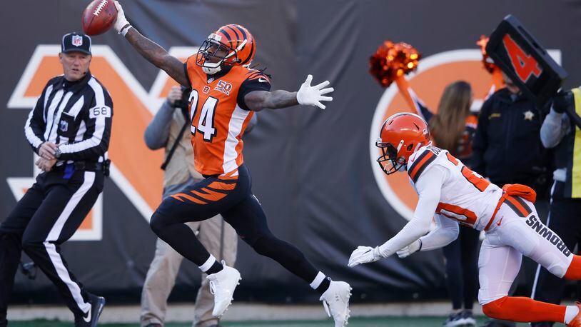 CINCINNATI, OH - NOVEMBER 26: Adam Jones #24 of the Cincinnati Bengals reacts after returning a punt for a touchdown against the Cleveland Browns in the first half of a game at Paul Brown Stadium on November 26, 2017 in Cincinnati, Ohio. The returns was nullified by a penalty but the Bengals won 30-16. (Photo by Joe Robbins/Getty Images)