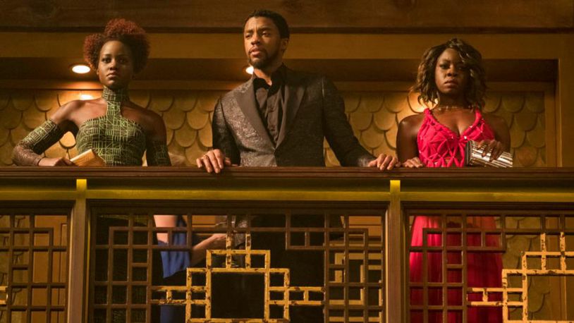 This image released by Disney and Marvel Studios' shows Lupita Nyong'o, from left, Chadwick Boseman and Danai Gurira in a scene from "Black Panther," in theaters on Feb. 16, 2018. (Matt Kennedy/Marvel Studios/Disney via AP)