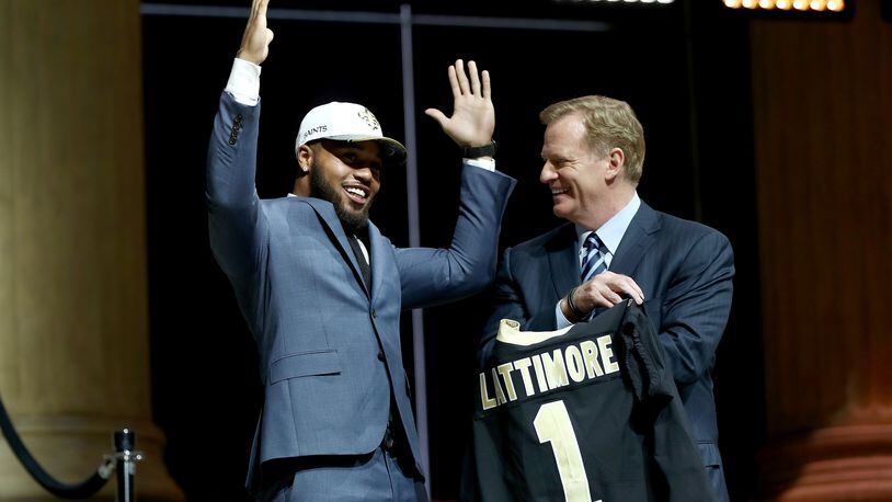 PHILADELPHIA, PA - APRIL 27:  Marshon Lattimore of Ohio State reacts with Commissioner of the National Football League Roger Goodell after being picked #11 overall by the New Orleans Saints during the first round of the 2017 NFL Draft at the Philadelphia Museum of Art on April 27, 2017 in Philadelphia, Pennsylvania.  (Photo by Elsa/Getty Images)
