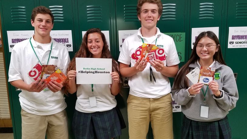 Badin High School seniors who played a role in the “Helping Houston” effort included (from left) Sam Mathews, Allie Browning, Jordan Flaig and Abby Bond. CONTRIBUTED