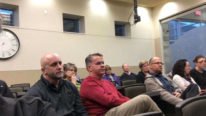 Residents attend Wednesday’s meeting of the Springboro planning commission to learn about plans to develop most of the Easton Farm property. LAWRENCE BUDD/STAFF