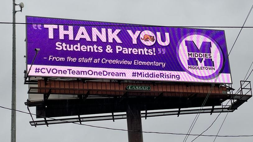 For the first time Middletown Schools are using billboards along Interstate 75 for thank you messaging ads and solicitations for kindergarten registration. The new strategy is the latest in a series of a higher-profile messages designed to boost community support of the city schools. (Provided Photo\Journal-News)