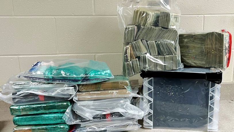 Authorities seized 10 kilograms of fentanyl, two kilograms of cocaine, one kilogram of heroin, 336 grams of methamphetamine, four pounds of marijuana and about $150,000 in cash as part of a narcotics investigation. Photo courtesy the Miami Valley Bulk Smuggling Task Force.