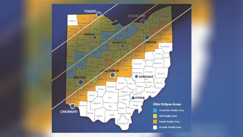 The Ohio Dept. of Natural Resources shows where a total solar eclipse will be visible in Ohio on April 8, 2024. CONTRIBUTED
