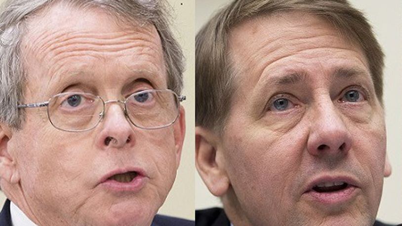 Mike DeWine, left, and Richard Cordray. A new poll says DeWine has a commanding lead over Cordray in a head-to-head matchup for Ohio governor.