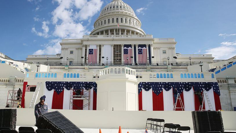 Work is still being performed on the stage ahead of this week’s inauguration at the U.S. Capitol. On Jan. 20, President-elect Donald Trump with be sworn in as the nation’s 45th president. (Photo by Mark Wilson/Getty Images)
