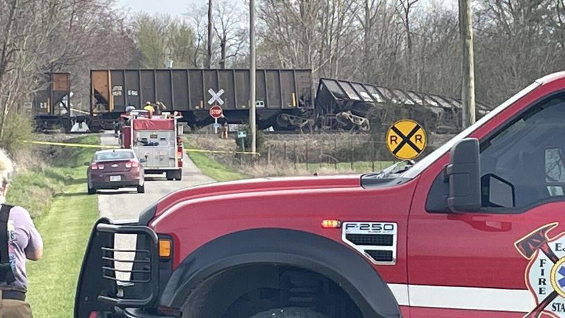 A train carrying 390 tons of gravel derailed Tuesday in Sardinia, Ohio. Fire captain Levin Troutman said ten cars went off the tracks, with two of them flipped over. There were a total of 30 cars. CONTRIBUTED/WCPO