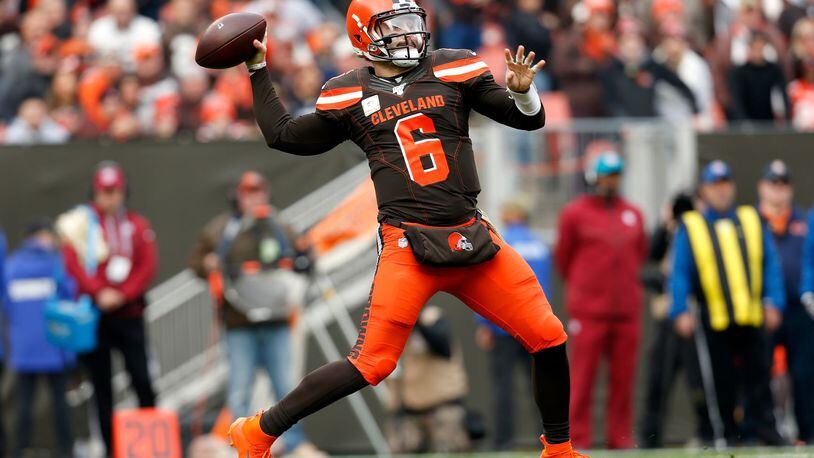 CLEVELAND, OH - NOVEMBER 10: Baker Mayfield #6 of the Cleveland Browns throws a pass during the first quarter of the game against the Buffalo Bills at FirstEnergy Stadium on November 10, 2019 in Cleveland, Ohio. (Photo by Kirk Irwin/Getty Images)