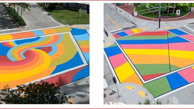 Miami University planning students suggested intersections in Hamilton’s Second Ward could be made more attention-grabbing by painting them with dramatic colors and shapes. PROVIDED
