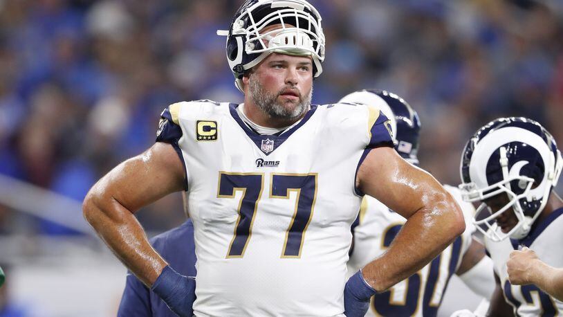 FILE - In this Sunday, Dec. 2, 2018 file photo, Los Angeles Rams offensive tackle Andrew Whitworth during the first half of an NFL football game against the Detroit Lions in Detroit. Rams offensive tackle Andrew Whitworth is in the playoffs for the seventh time in eight seasons but there is one thing he is still chasing, a postseason win. (AP Photo/Paul Sancya, File)