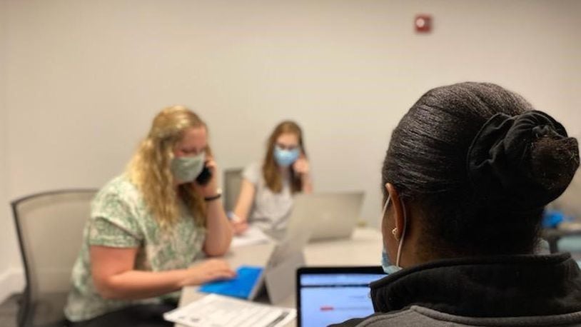 Cedarville pharmacy students Mary Sprow, Lucy Ebangha and Rachel Balentine doing contact tracing. CONTRIBUTED