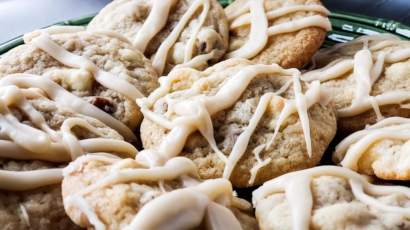 Vermont Maple White Chocolate Chip and Pecan Cookies Drizzled with a Maple Glaze by Gina Allen. NICK GRAHAM/STAFF