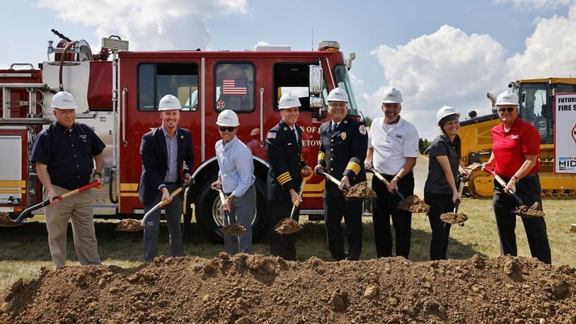 The city of Middletown held a ground-breaking ceremony Monday afternoon for the Middletown Division of Fire Headquarters at the corner of Yankee Road and Cherry Street. From left, City Manager Paul Lolli, State Rep. Thomas Hall (R-Madison Twp.), council member Tal Moon, assistant fire Chief Steve Ludwig, fire Chief Thomas Snively, former fire chief John Sauter, Mayor Nicole Condrey and Chamber President Rick Pearce. NICK GRAHAM/STAFF