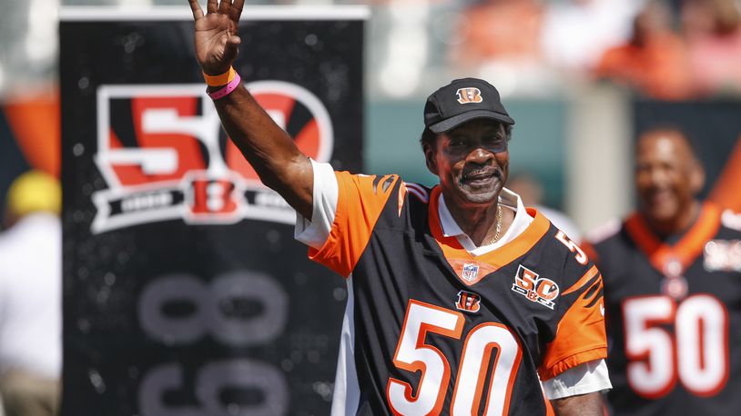 FILE - Former Cincinnati Bengals cornerback Ken Riley waves to the crowd during a halftime 50th anniversary ceremony of an NFL football game against the Baltimore Ravens, in Cincinnati, Sept. 10, 2017. Super Bowl MVP Chuck Howley and All-Pro defenders Joe Klecko and Ken Riley are finalists for the Pro Football Hall of Fame’s class of 2023. The defenders who starred in the 1960s, 70s and 80s were announced Wednesday, Aug. 17, 2022, as the three senior candidates for next year's Hall of Fame class from a list of 12 semifinalists. (AP Photo/Gary Landers, File)