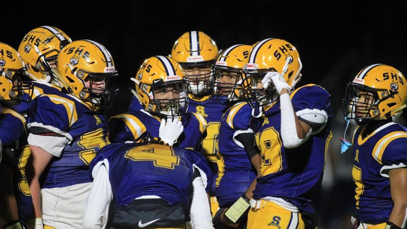 Springfield's offense huddles during a game against Olentangy Liberty on Friday, Oct. 30, 2020, at Springfield. David Jablonski/Staff