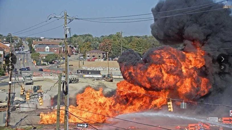A webcam image of the fireball started when a construction vehicle struck a gas line at a Montgomery site, Oct. 7, 2020. WCPO-TV